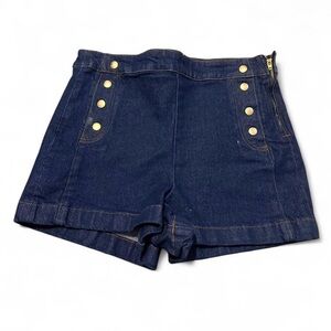 Frame Denim Dark Blue Denim High-Rise Jean Shorts with Gold Buttons